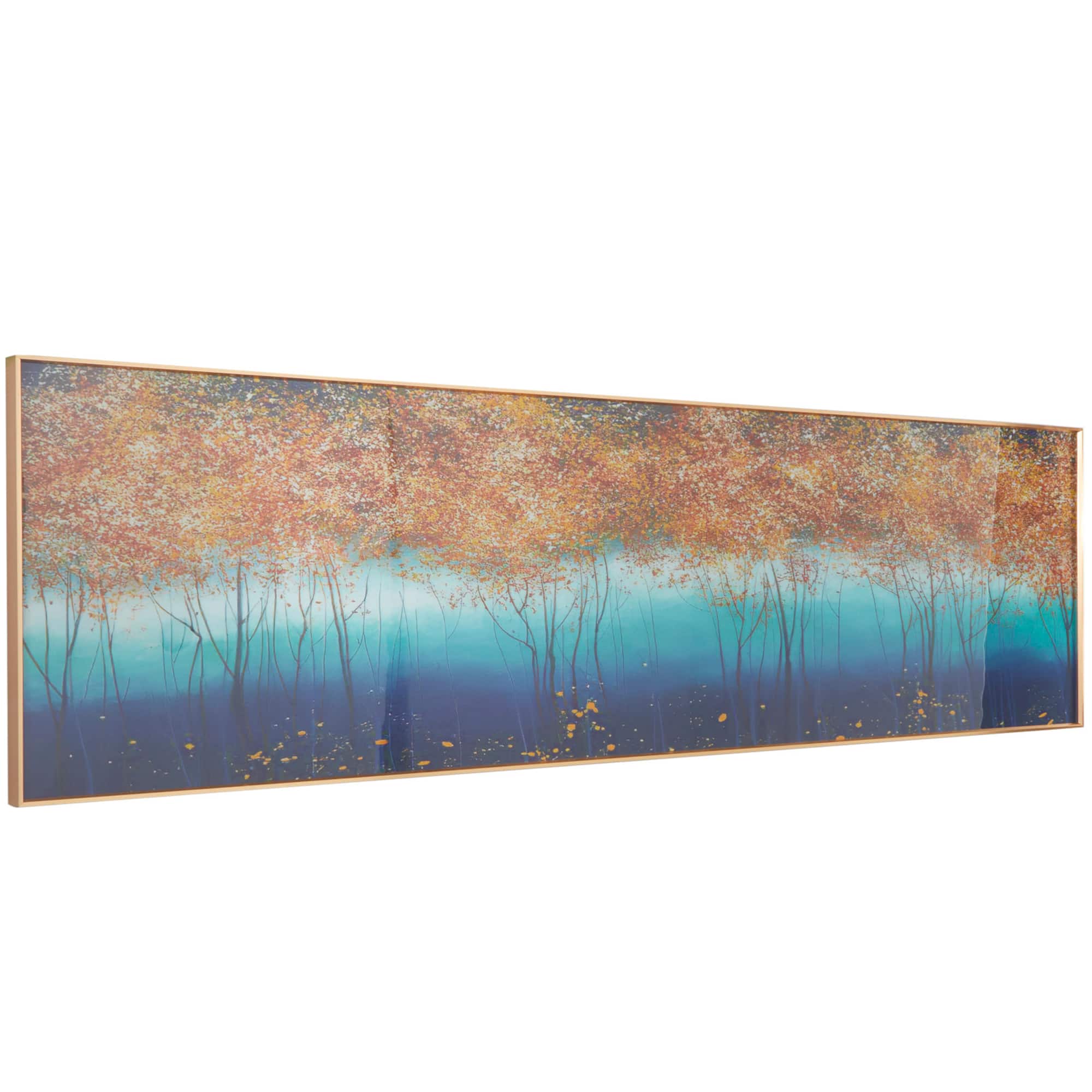 Blue Porcelain Trees Landscape Framed Wall Art with Gold Aluminum Frame 71" x 2" x 20"